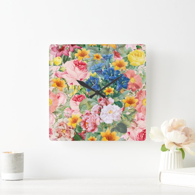 Colourful Garden Flowers - Boho Floral Pillow Square Wall Clock (Home)