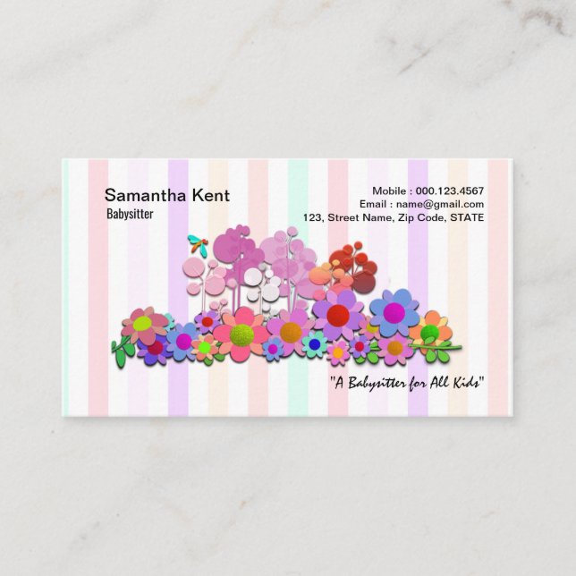 Colourful Garden Flowers Pretty Stripes Babysitter Business Card (Front)