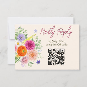 Colourful Garden Flowers Wedding Website QR Code RSVP Card