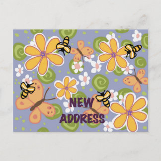 Colourful garden postcard announcing a new address