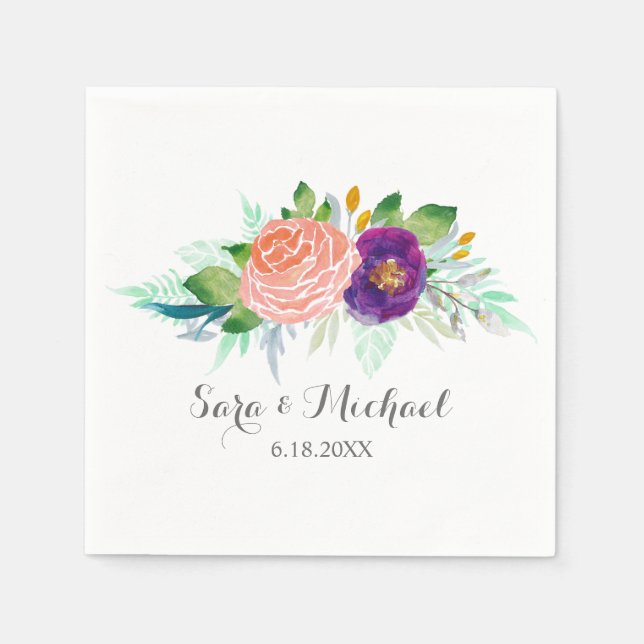 Colourful Garden Watercolor Floral Wedding Napkin (Front)