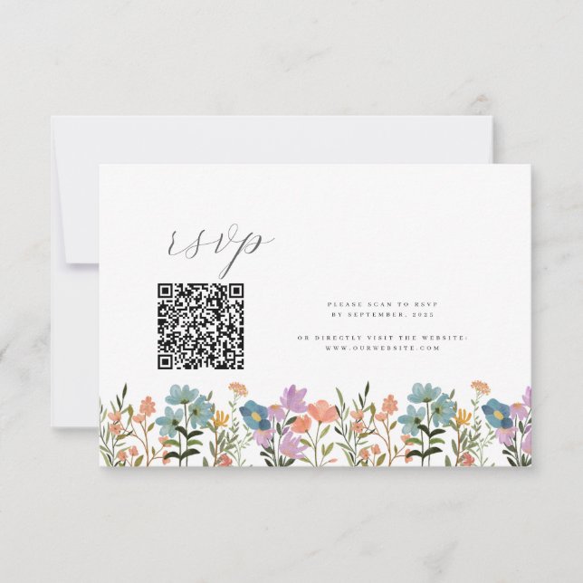 Colourful Garden watercolor Wildflower QR wedding RSVP Card (Front)
