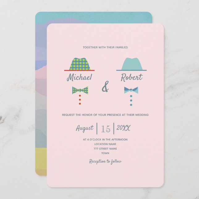 Colourful Gay Wedding Invitation with Hats (Front/Back)