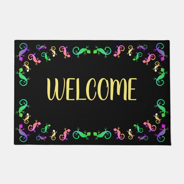 Colourful Gecko Lizard on Black Welcome Doormat (Front)