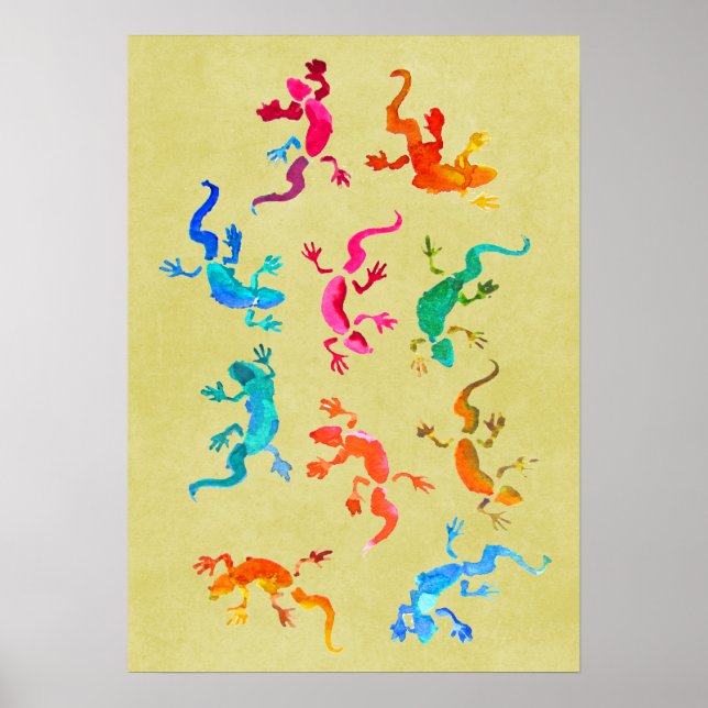 Colourful geckos  watercolor illustration poster (Front)