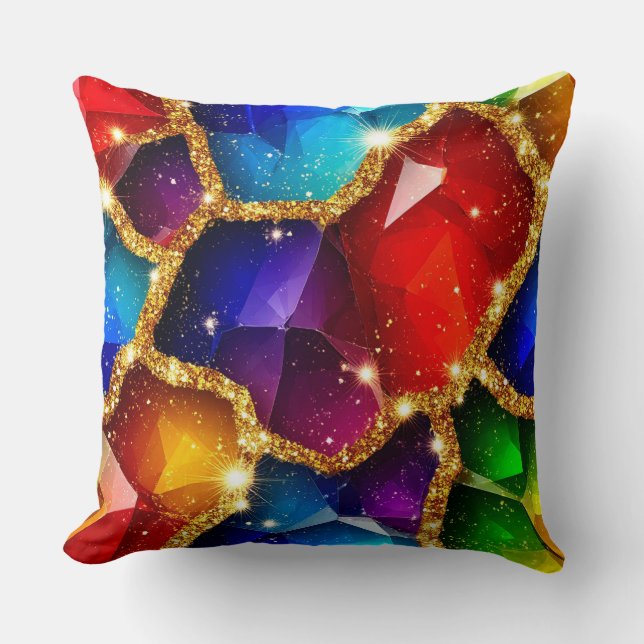 Colourful Gemstone Abstract With Gold Glitter Spar Cushion (Front)