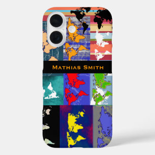 colourful geographic mixed world-maps iPhone 16 case