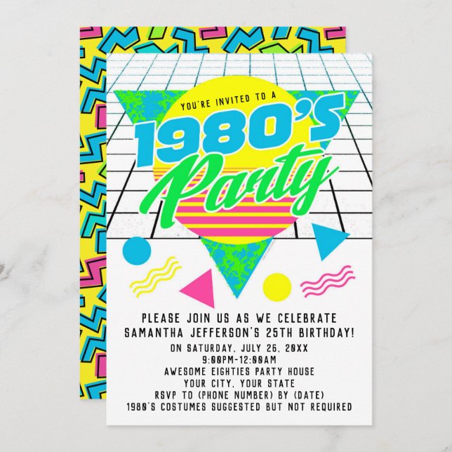 Colourful Geometric 1980s Retro 80s Birthday Party Invitation (Front/Back)