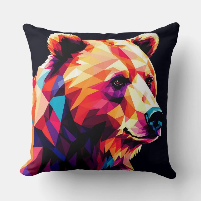 Colourful Geometric Bear Portrait Cushion (Front)