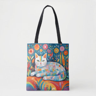 Colourful Geometric Cat Design, Abstract Feline Tote Bag