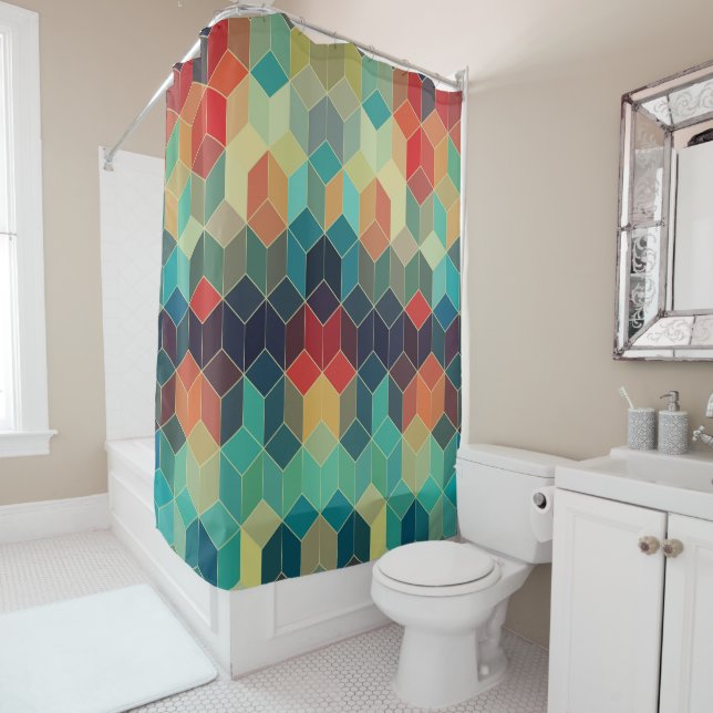 Colourful Geometric Cubes Modern Pattern Shower Curtain (In Situ)