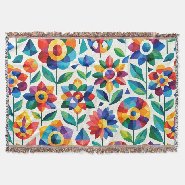 Colourful Geometric Floral Pattern Retro Modern Bl Throw Blanket (Front)