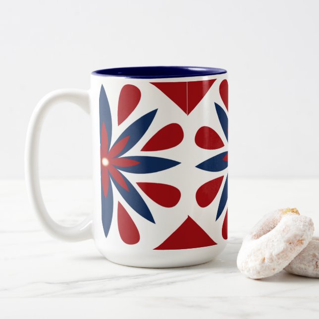 Colourful Geometric Floral Pattern Two-Tone Coffee Mug (With Donut)