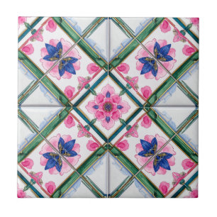 Colourful Geometric Flower in Blue Pink and Ochre Tile