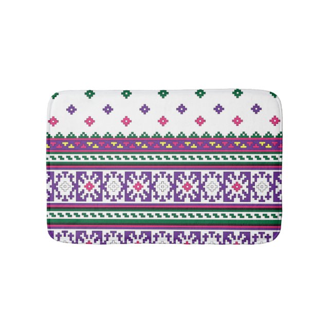Colourful Geometric Folk Art design with flowers Bath Mat (Front)