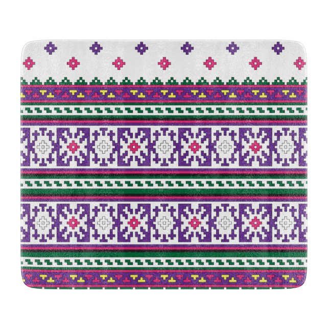 Colourful Geometric Folk Art design with flowers Cutting Board (Front)