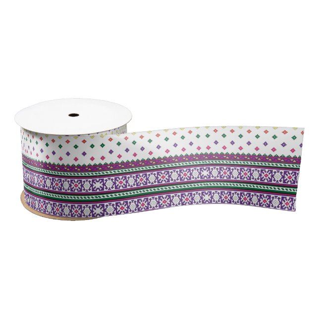 Colourful Geometric Folk Art design with flowers Satin Ribbon (Spool)