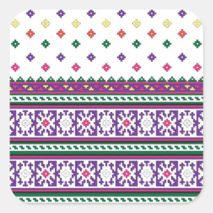 Colourful Geometric Folk Art design with flowers Square Sticker