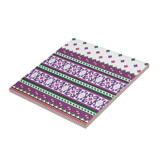 Colourful Geometric Folk Art design with flowers Tile (Side)