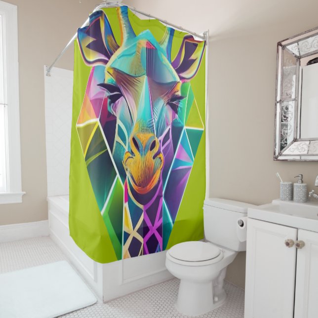 Colourful Geometric Giraffe Head Shower Curtain (In Situ)