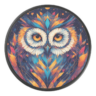 Colourful Geometric Owl Face Hockey Puck