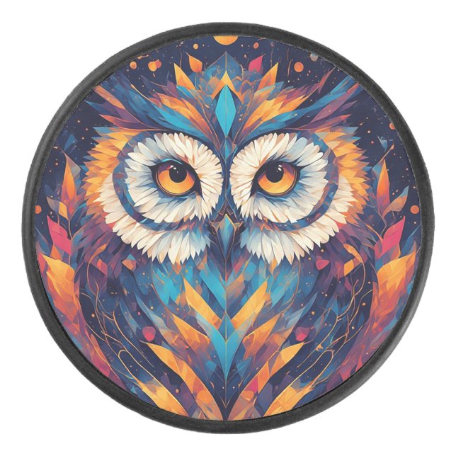 Colourful Geometric Owl Face Hockey Puck (Front)