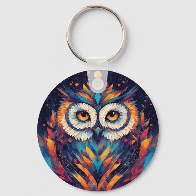 Colourful Geometric Owl Face Key Ring (Front)