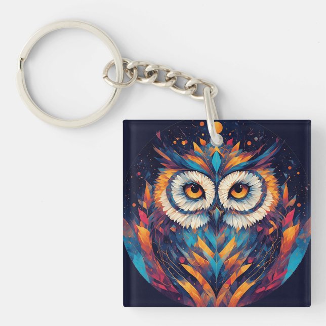 Colourful Geometric Owl Face Key Ring (Front)