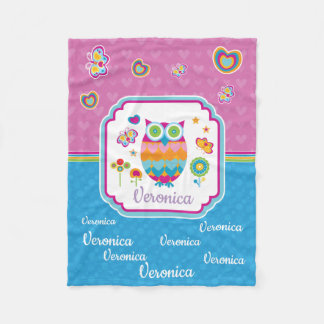 Colourful Geometric Owl with Butterfly and Flowers Fleece Blanket