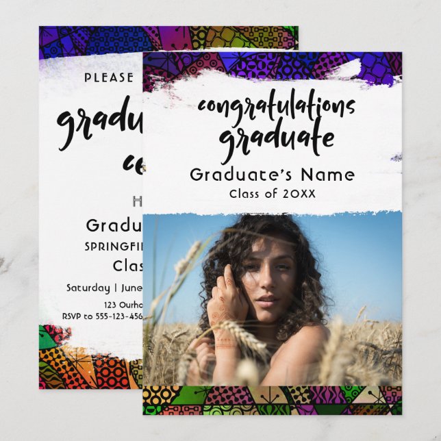 Colourful Geometric Pattern Brushstroke Graduation Invitation (Front/Back)