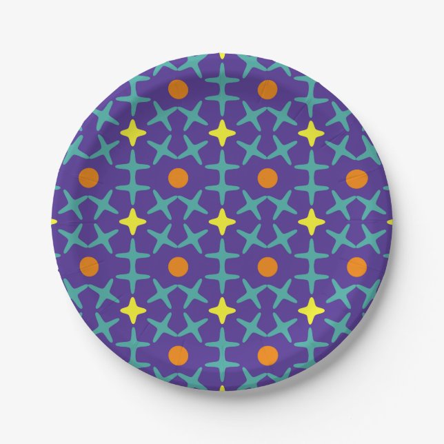 Colourful geometric pattern featuring blue cross  paper plate (Front)