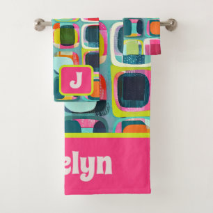 Colourful Geometric Pattern Monogrammed Name Bath Towel Set
