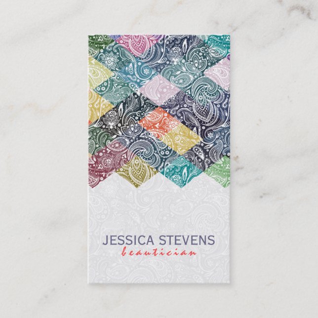 Colourful Geometric Pattern & White Paisley Overly Business Card (Front)