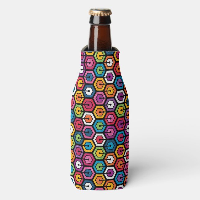 Colourful geometric pattern with hexagons bottle cooler (Bottle Front)