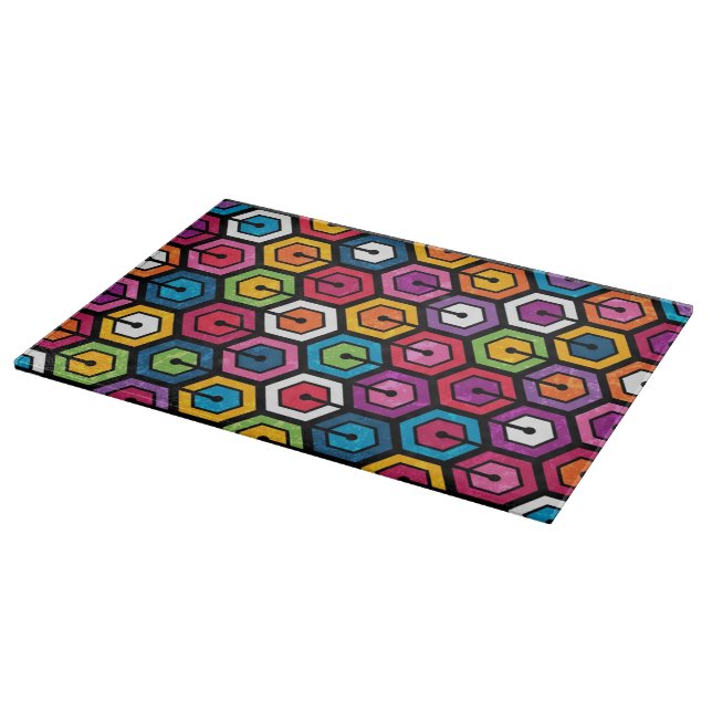 Colourful geometric pattern with hexagons cutting board (Corner)