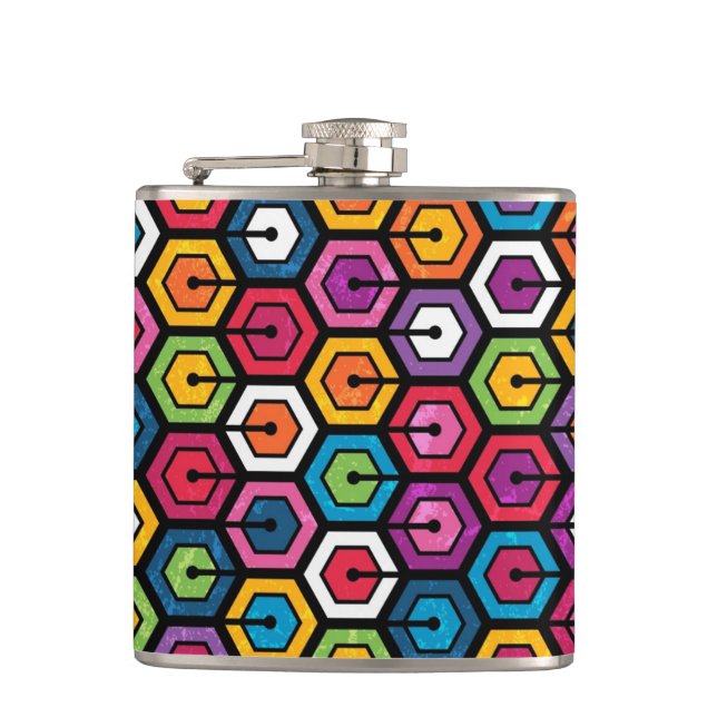 Colourful geometric pattern with hexagons hip flask (Front)