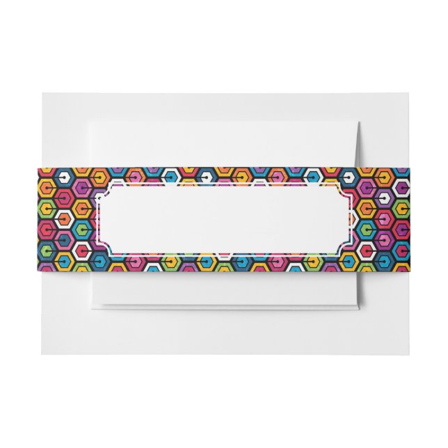 Colourful geometric pattern with hexagons invitation belly band (Front Example)