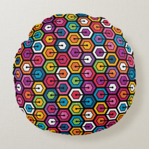 Colourful geometric pattern with hexagons round cushion