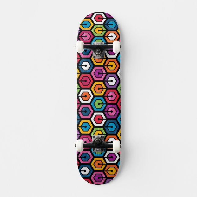 Colourful geometric pattern with hexagons skateboard (Front)