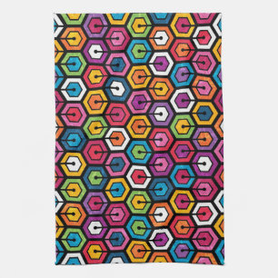 Colourful geometric pattern with hexagons tea towel