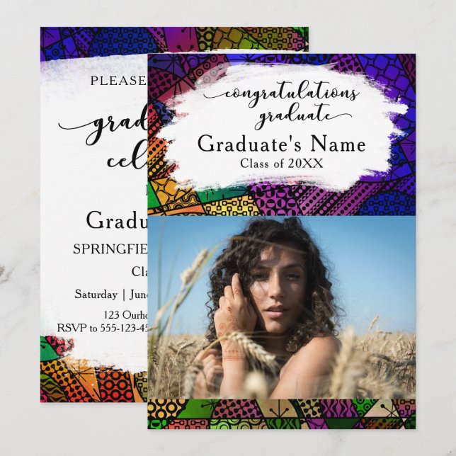 Colourful Geometric Patterns Graduation Photo Part Invitation (Front/Back)