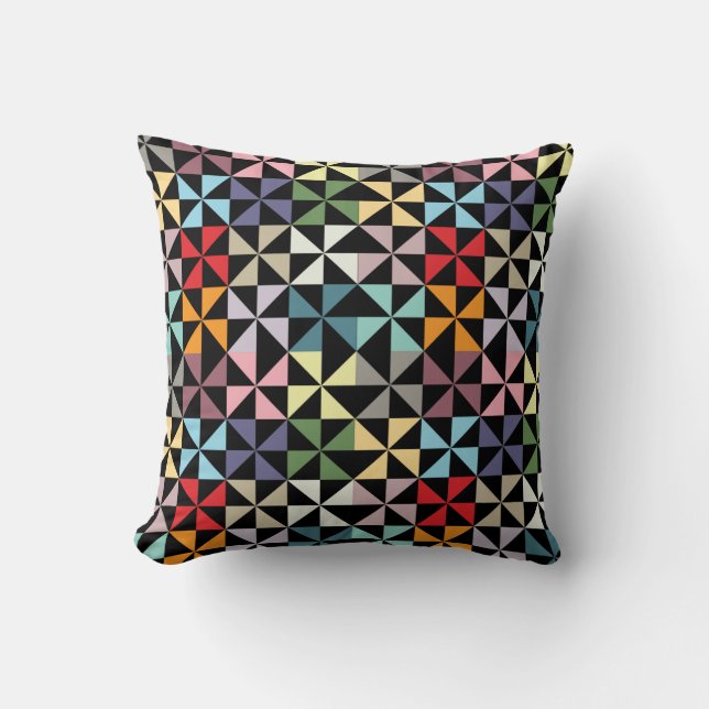 Colourful Geometric Pinwheel Black Cushion (Front)