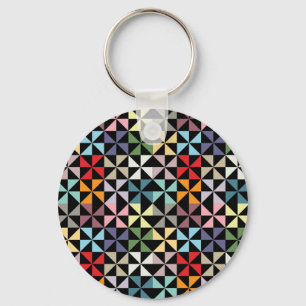 Colourful Geometric Pinwheel Black Key Ring