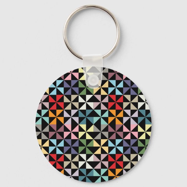 Colourful Geometric Pinwheel Black Key Ring (Front)