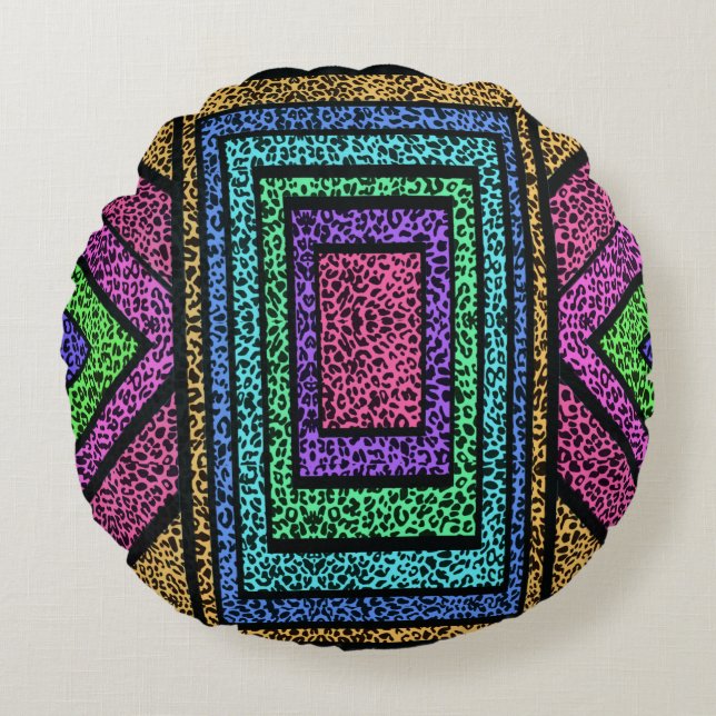 Colourful Geometric Rainbow Leopard Animal Print Round Cushion (Front)