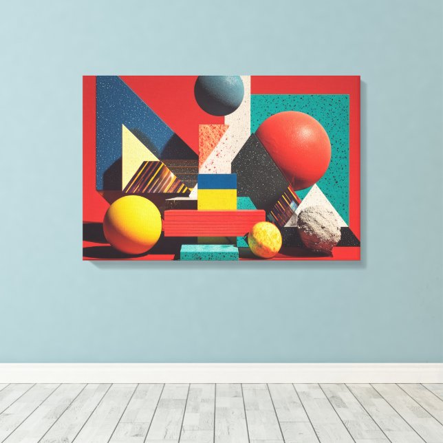 Colourful Geometric Shapes on Red Background Canvas Print (Insitu(Wood Floor))