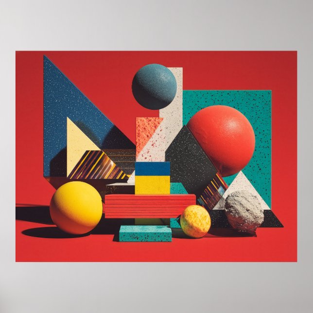 Colourful Geometric Shapes on Red Background Poster (Front)