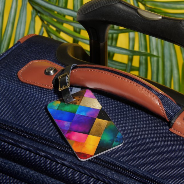 Colourful Geometric Squares Luggage Tag (Front Insitu 1)