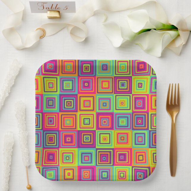 Colourful Geometric Squares Paper Plate (Wedding)