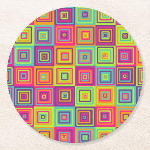Colourful Geometric Squares Round Paper Coaster